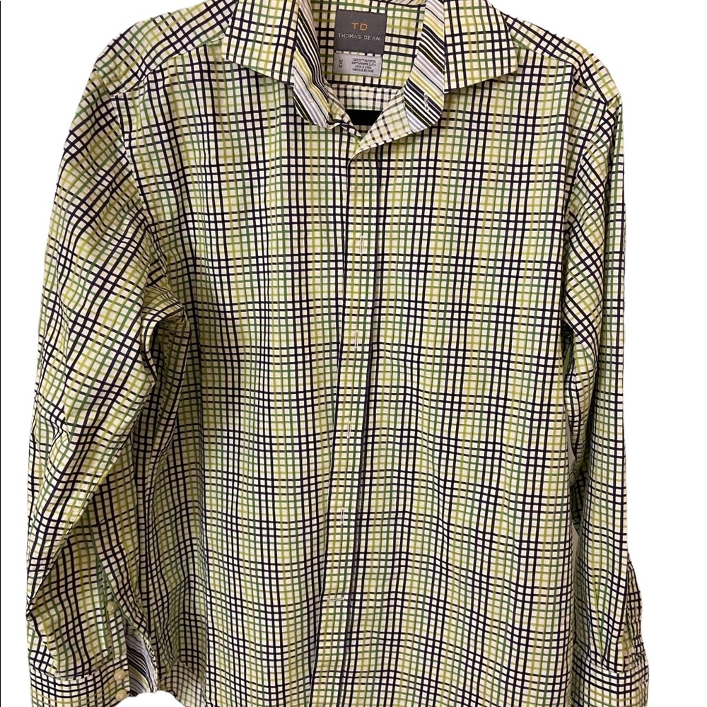 Men’s Thomas Dean Green and Blue Plaid Button Up Dress Shirt - Size M